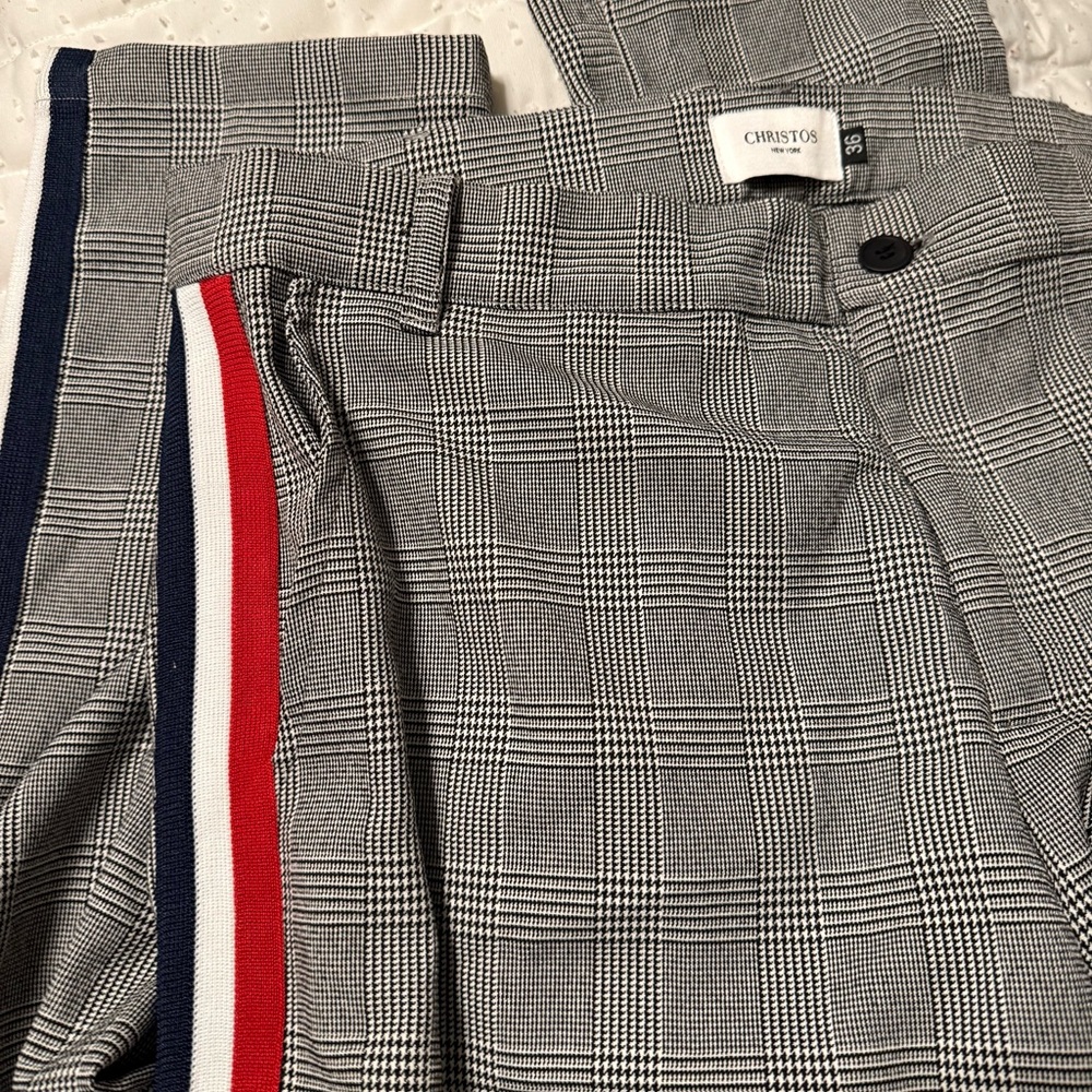 Christos Plaid Trousers with Red-White-Blue Side Stripe